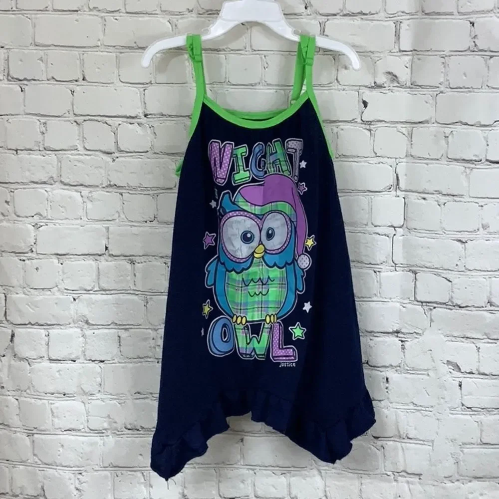 Justice 2pc Night Owl Pajama Set Girls Size 8 Navy Top Neon Green Plaid Short PJ